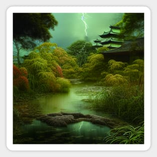 Digital Painting Of a Lush Wet Natural Scene On a Beautiful Chinese House on An Environment Jungle Magnet